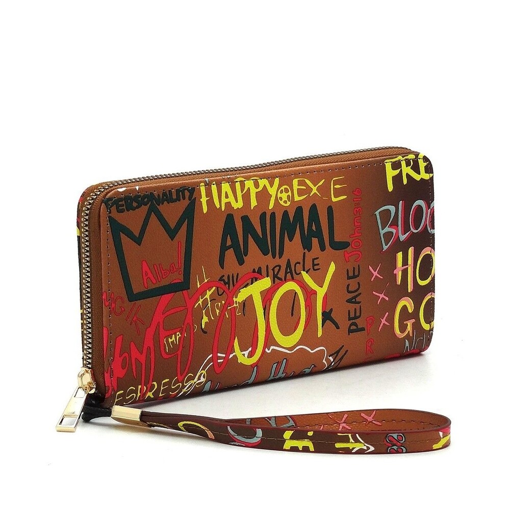 Brown Multi Graffiti Print Zip Around Wallet Wristlet